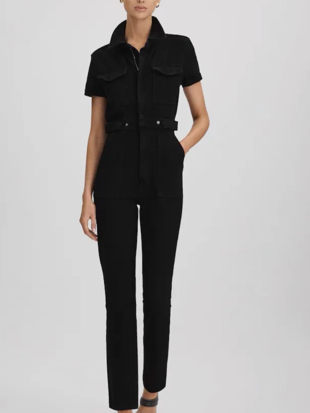 Good American Black Short-Sleeve Straight-Leg Utility Jumpsuit